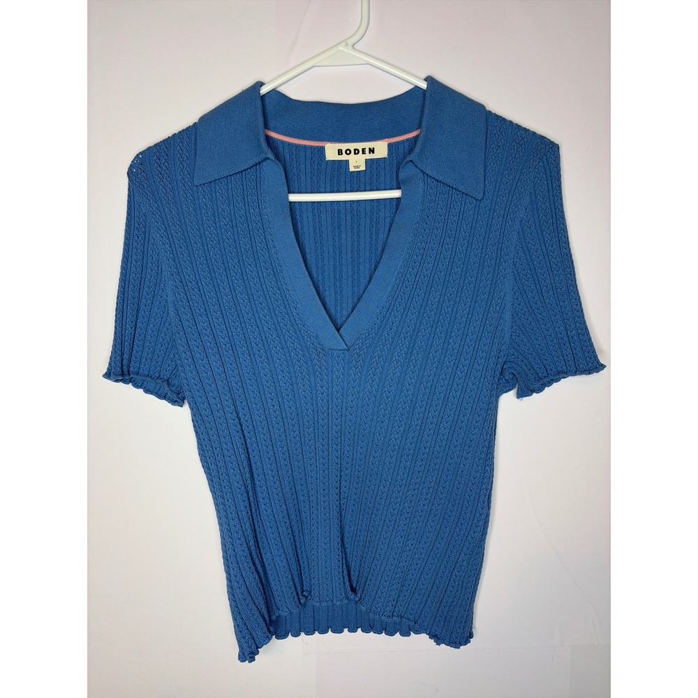 Boden Polo Top Large Preppy Blue Pointelle Rib Knit Short Sleeve V-Neck Collar
